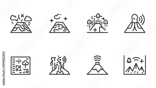 Volcano Icons: A set of clean, minimalist vector icons depicting various volcanic activity, ideal for educational or scientific applications. 