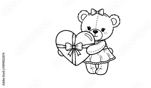 Kawaii teddy bear girl hugging heart vintage doodle valentine vector illustration