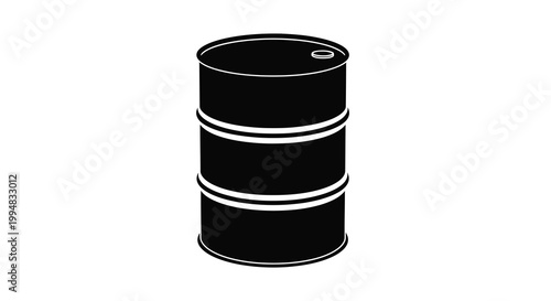 A stark black and white illustration depicts a cylindrical oil drum with prominent banding details high quality professional