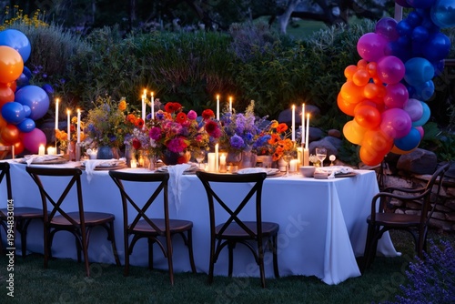 Outdoor Dinner Setup With Candles and Flowers in Vibrant Colors at Dusk