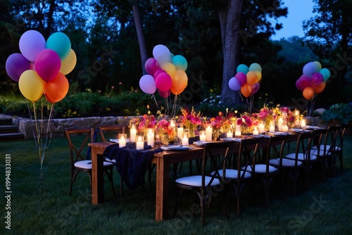 Outdoor Dinner Setup With Colorful Balloons and Candles at Dusk in a Garden