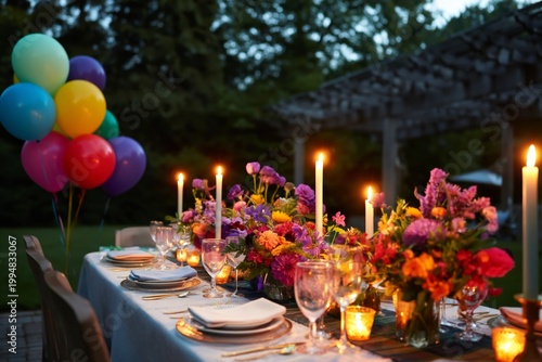 Outdoor Dinner Setup With Colorful Balloons and Candles at Dusk in a Garden