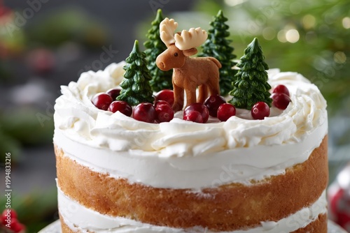 Festive Cake With Moose Decoration and Cranberry Topping in Holiday Setting