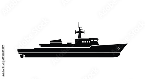A stark black silhouette depicts a modern naval warship showcasing its streamlined hull and superstructure high quality professional