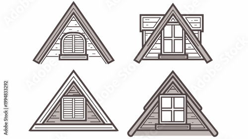 Four simple line drawings of triangular attic windows with various designs