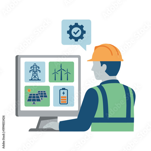 A worker in a hard hat examines renewable energy icons on a computer screen.