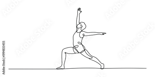 Minimalist single continuous line drawing of a person performing a dynamic yoga warrior pose