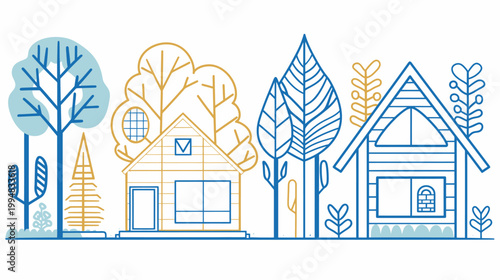 Stylized vector drawing of two homes and trees with a blue and gold color scheme