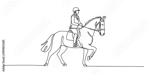 A single continuous line drawing of a person riding a horse in a classic equestrian sport pose