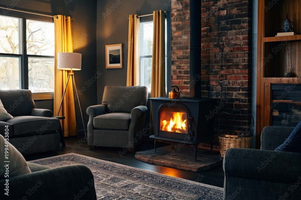 Naklejka premium Cozy Sitting Area With a Fireplace and Warm Lighting During Evening