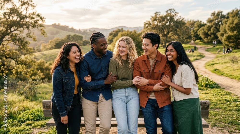 Fototapeta premium Diverse group of friends laughing together outdoors on a sunny day