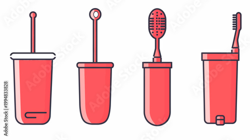 Minimalistic coral bath accessories toilet brush, tongue cleaner, toothbrush, & trash bin