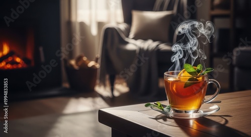 Cozy winter tea with orange and mint, steaming glass cup on wooden table, warm living room interior with fireplace and armchair