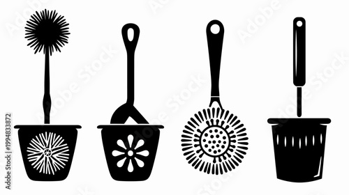 Four black and white stylized toilet brush silhouettes with various brush and holder designs