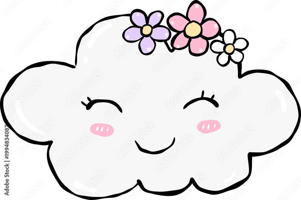 Obraz premium Sweet smiling cloud with floral hair clips, cute weather character for nursery art