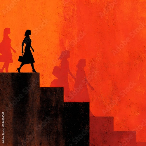 Silhouettes of Women Descending Stairs in Orange Tones