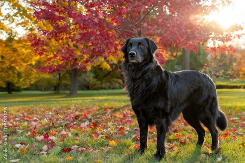 Black Dog Stands in Park With Autumn Trees and Sunset in Background