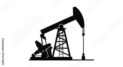A stark black silhouette depicts a classic oil pump rig commonly used for extracting petroleum from the earth