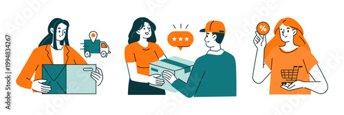 Delivery man giving package to woman and man receiving package from woman with delivery shipping customer shopping commerce logistics recipient distribution transportation receiving business