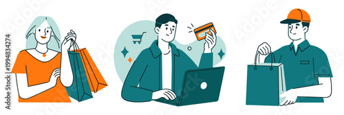 Woman with shopping bags man with laptop and credit card delivery man bag e commerce shopping delivery purchase e commerce transaction customer consumer technology business