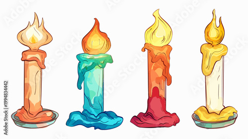 Four colorful candles with dripping wax and bright flames, cartoon style illustration
