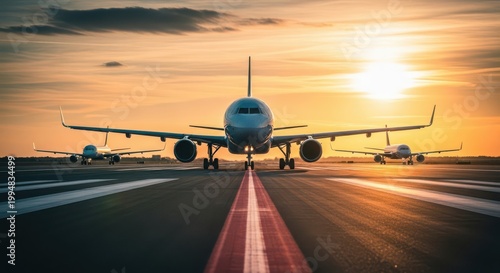 Three commercial airplanes on the runway at sunset