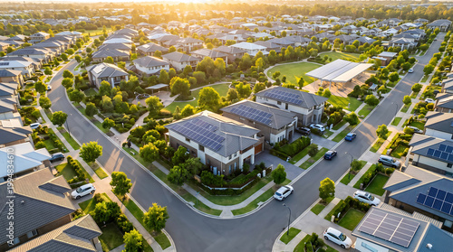 An aerial view of a suburban neighborhood with solar-powered homes at sunset
