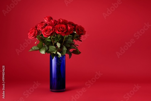 Roses in a Blue Vase on a Red Background During Daytime