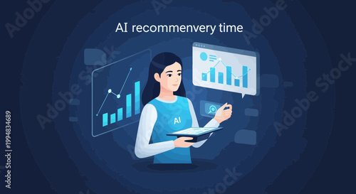 AI recommendation: An woman standing with a modern display, analyzing the data chart in front of it, indicating an innovative technological solution