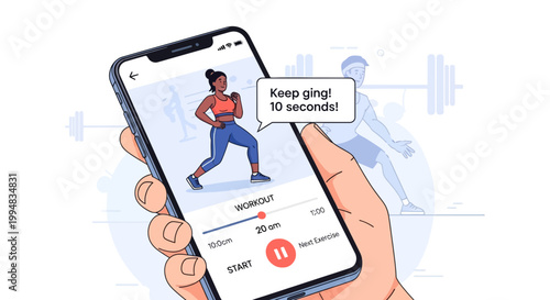 Fitness App Demonstration: A person utilizes a workout application on their smartphone, engaging in a virtual fitness session. The image showcases the fusion of technology with wellness.