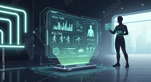 Digital Fitness Monitor: A futuristic scene captures a woman interacting with a holographic display showcasing real-time health data, demonstrating the integration of technology and personal fitness.