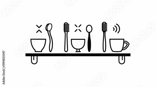 Black-and-white line drawing of cups, bowls, spoons, and forks on a shelf