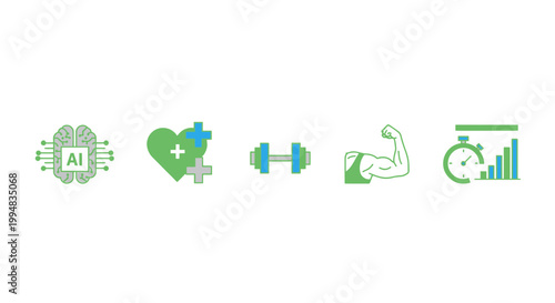 Wellness and Tech Icons: A set of modern, sleek icons representing the intersection of artificial intelligence and well-being. Focuses on tech-driven health solutions.