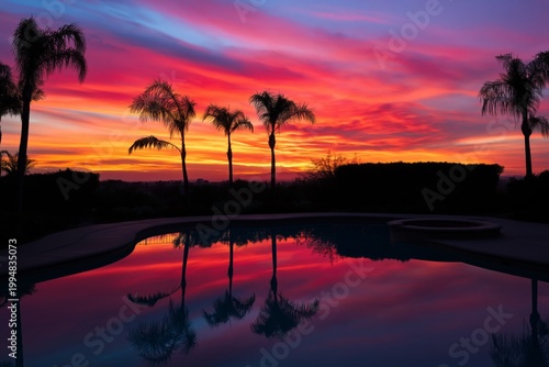 Bright Sunset Reflects on Pool Surrounded by Palm Trees in Backyard Setting