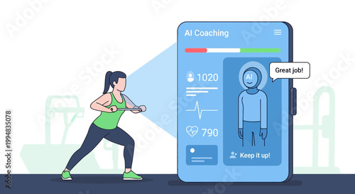 AI Fitness Coach: A digital interface displays real-time health metrics as an active individual enthusiastically performs an exercise, symbolizing the fusion of technology and well-being.