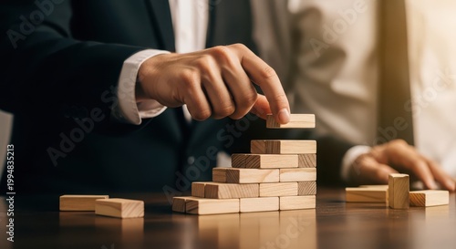 Business professional building a staircase with wooden blocks