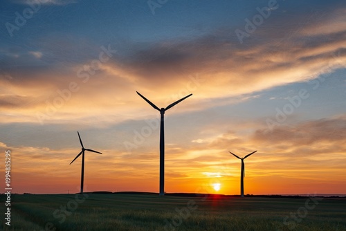 Sunset Over Wind Turbines on a Clear Evening in a Vast Landscape