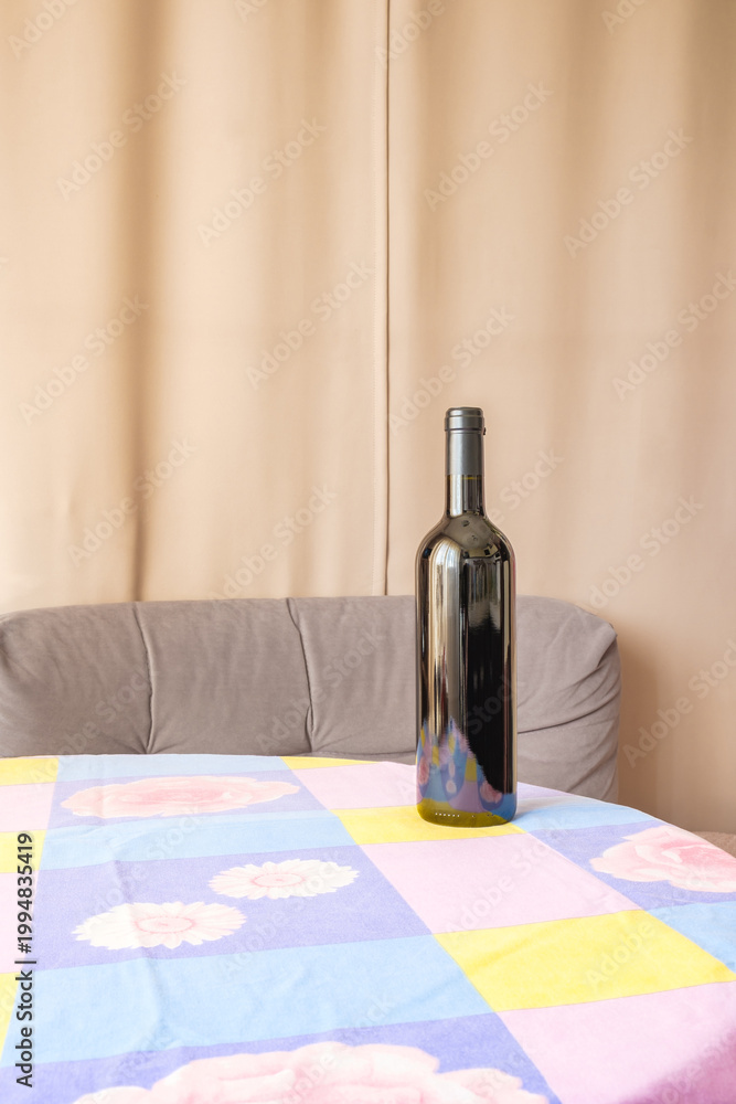 Fotobehang Eetkamer bottle of wine on table with tablecloth #1994835419