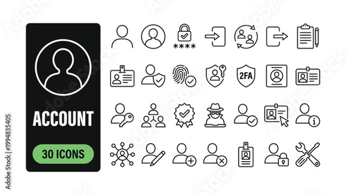 Collection of line style account icons for user authentication and profile management systems