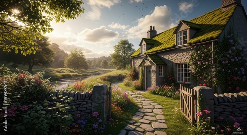 Charming english cottage with a mossy roof by a peaceful stream