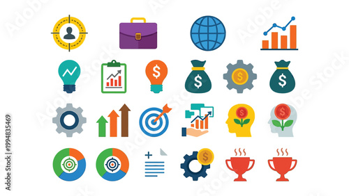 Colorful business finance and growth infographic icons set including targets and graphs  business concepts