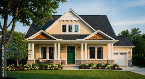 Beautiful suburban house with green door and landscaped garden