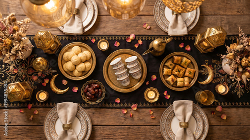 A beautifully set table with traditional Middle Eastern sweets and decorations for a special occasion