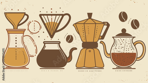 Coffee brewing methods displayed in stylized, outlined retro illustration on beige background