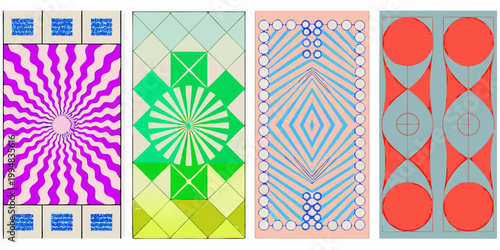 A vibrant composition of six vertically arranged geometrically patterned panels with bold colors