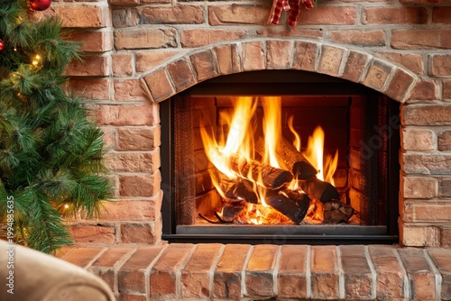 Warm Fire Burns in a Fireplace Within a Brick Wall Living Room During the Eve...