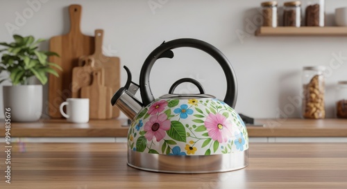 Floral pattern tea kettle on a wooden kitchen countertop
