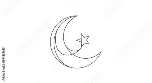 Crescent moon and star icon, minimalist line art, celestial symbol, graphic design element