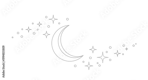 Crescent moon and sparkling stars, celestial night sky outline, simple graphic design