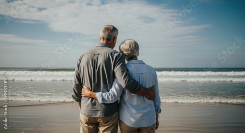 Senior couple standing on the beach looking at the ocean